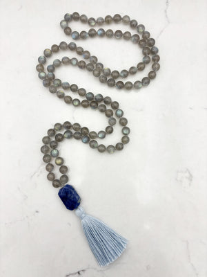labradorite gemstone mala with sodalite guru bead and light blue tassel | radiant malas | handmade in boulder, colorado