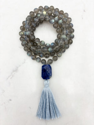 labradorite gemstone mala with sodalite guru bead and light blue tassel | radiant malas | handmade in boulder, colorado