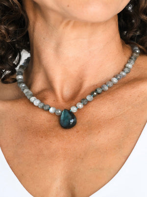 labradorite knotted gemstone necklace with labradorite pendant | radiant malas | handmade in boulder, colorado