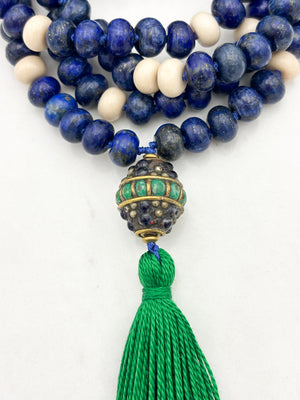 lapis and fossil jasper gemstone mala with vintage brass, lapis, turquoise guru bead and green tassel | radiant malas | handmade in boulder, colorado