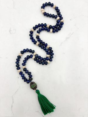 lapis and fossil jasper gemstone mala with vintage brass, lapis, turquoise guru bead and green tassel | radiant malas | handmade in boulder, colorado
