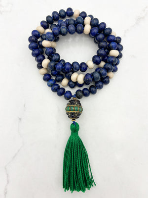 lapis and fossil jasper gemstone mala with vintage brass, lapis, turquoise guru bead and green tassel | radiant malas | handmade in boulder, colorado
