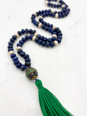 lapis and fossil jasper gemstone mala with vintage brass, lapis, turquoise guru bead and green tassel | radiant malas | handmade in boulder, colorado