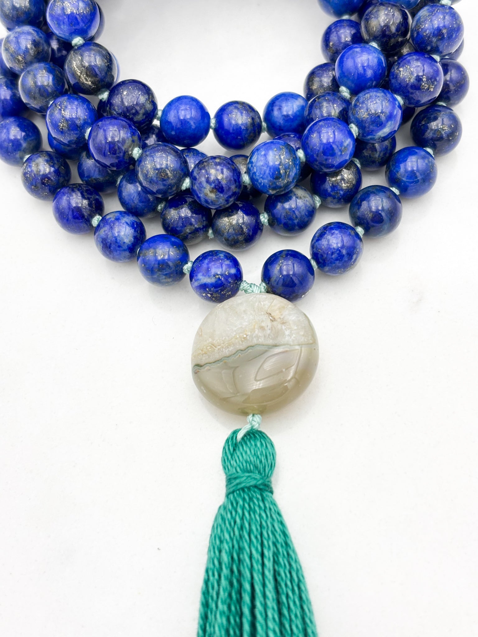lapis gemstone mala with agate guru bead and green tassel | radiant malas | handmade in boulder, colorado