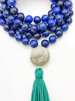 lapis gemstone mala with agate guru bead and green tassel | radiant malas | handmade in boulder, colorado