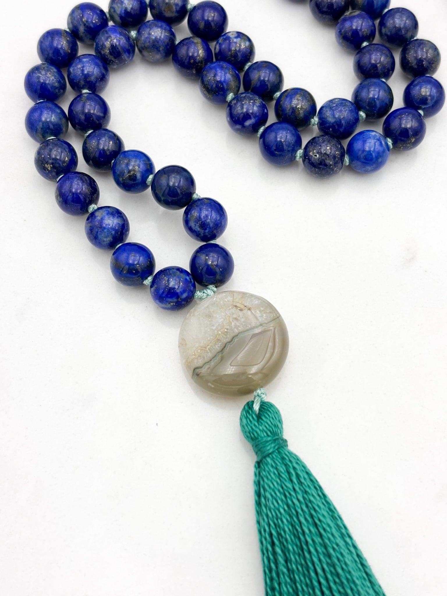 lapis gemstone mala with agate guru bead and green tassel | radiant malas | handmade in boulder, colorado