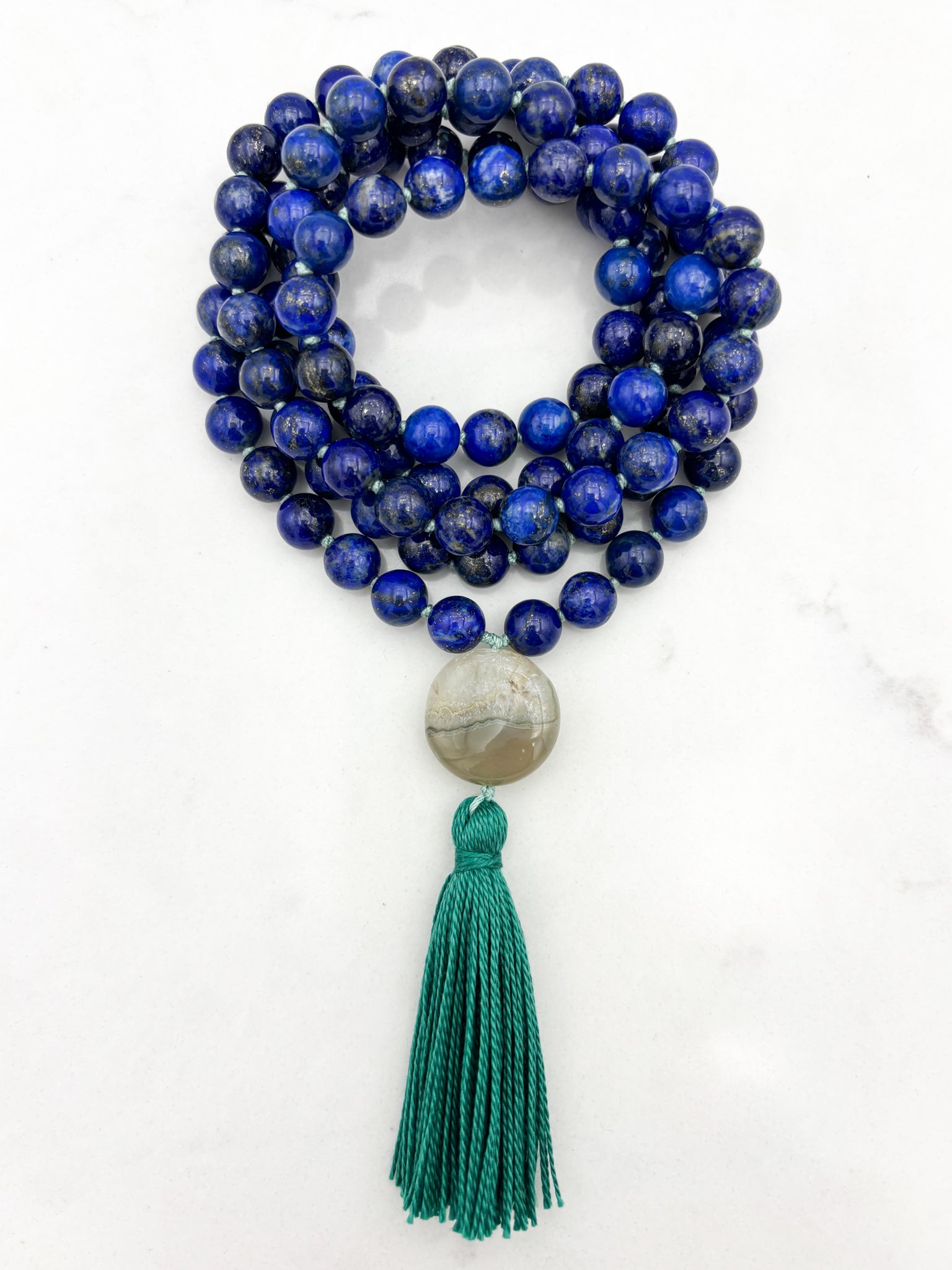 lapis gemstone mala with agate guru bead and green tassel | radiant malas | handmade in boulder, colorado