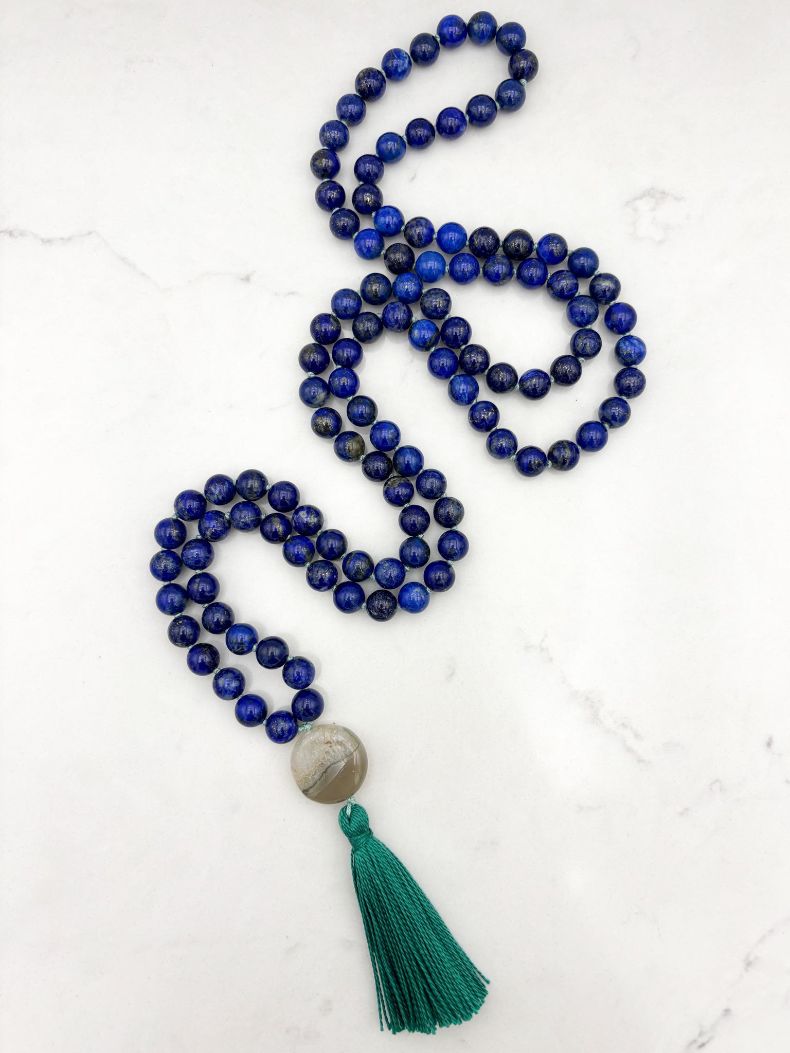 lapis gemstone mala with agate guru bead and green tassel | radiant malas | handmade in boulder, colorado