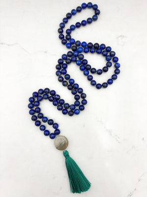 lapis gemstone mala with agate guru bead and green tassel | radiant malas | handmade in boulder, colorado