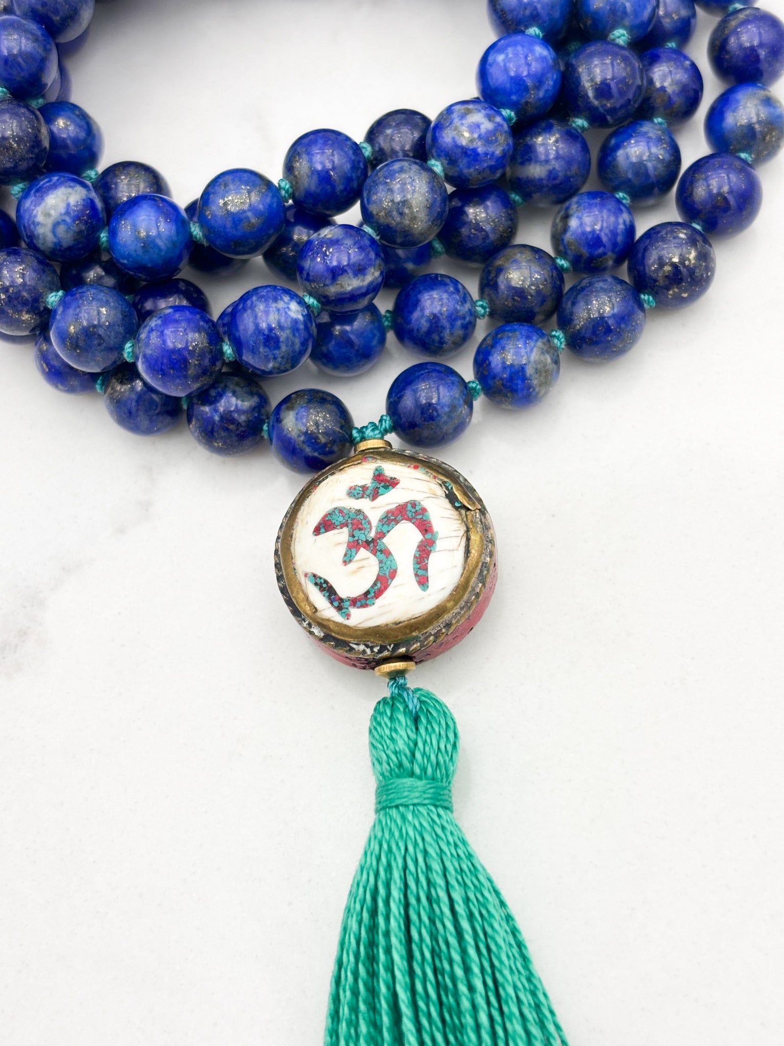 lapis gemstone mala with vintage brass guru bead and green tassel | radiant malas | handmade in boulder, colorado