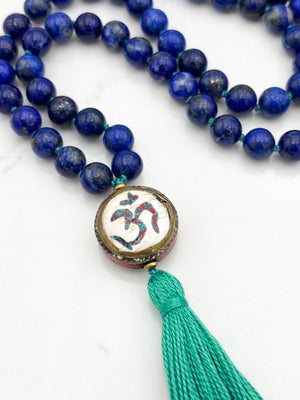 lapis gemstone mala with vintage brass guru bead and green tassel | radiant malas | handmade in boulder, colorado