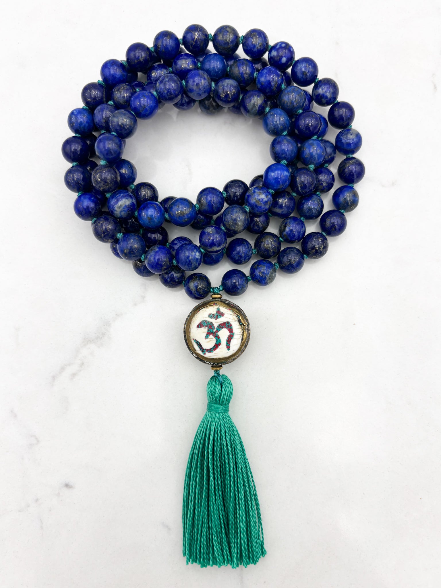 lapis gemstone mala with vintage brass guru bead and green tassel | radiant malas | handmade in boulder, colorado