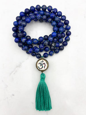 lapis gemstone mala with vintage brass guru bead and green tassel | radiant malas | handmade in boulder, colorado