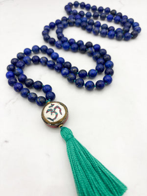 lapis gemstone mala with vintage brass guru bead and green tassel | radiant malas | handmade in boulder, colorado