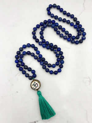 lapis gemstone mala with vintage brass guru bead and green tassel | radiant malas | handmade in boulder, colorado