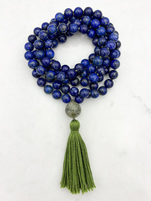 lapis gemstone mala with cat's eye tourmaine guru bead and green tassel | radiant malas | handmade in boulder, colorado