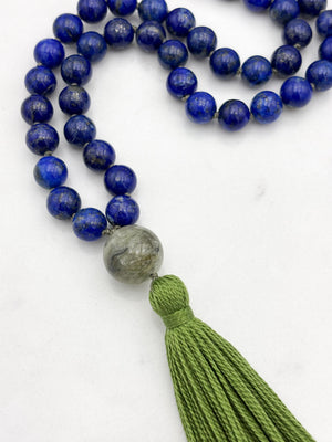 lapis gemstone mala with cat's eye tourmaine guru bead and green tassel | radiant malas | handmade in boulder, colorado