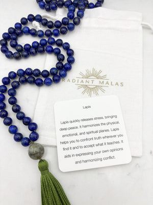 lapis gemstone mala with cat's eye tourmaine guru bead and green tassel | radiant malas | handmade in boulder, colorado