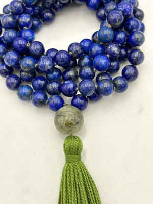 lapis gemstone mala with cat's eye tourmaine guru bead and green tassel | radiant malas | handmade in boulder, colorado