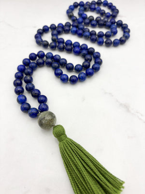 lapis gemstone mala with cat's eye tourmaine guru bead and green tassel | radiant malas | handmade in boulder, colorado