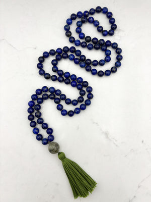 lapis gemstone mala with cat's eye tourmaine guru bead and green tassel | radiant malas | handmade in boulder, colorado