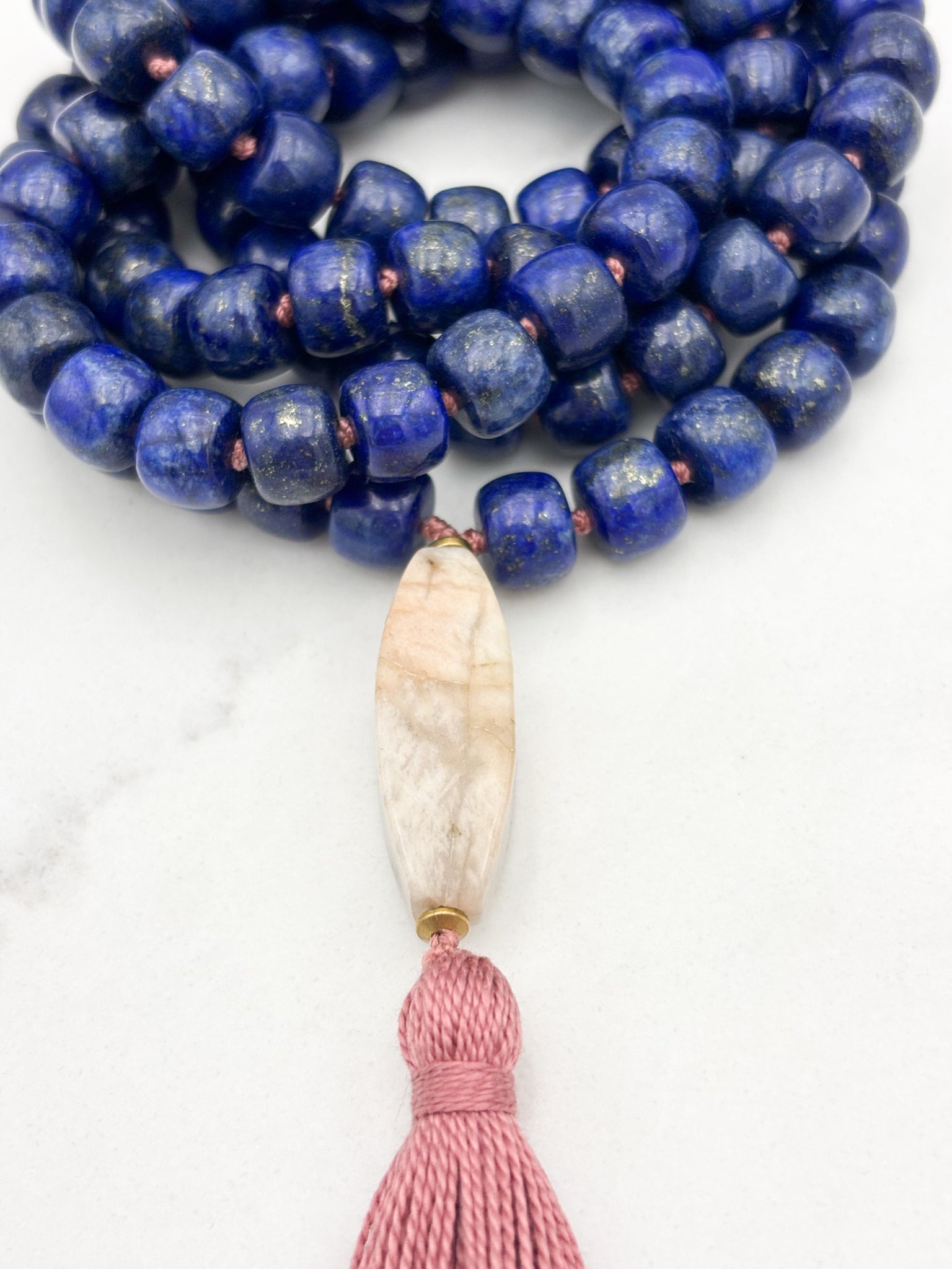 lapis gemstone mala with desert jasper guru bead and rose tassel | radiant malas | handmade in boulder, colorado