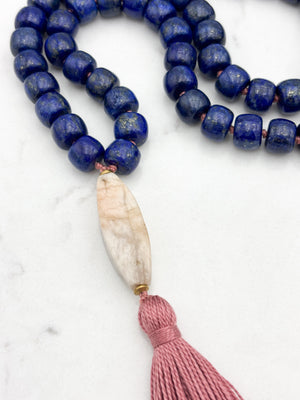 lapis gemstone mala with desert jasper guru bead and rose tassel | radiant malas | handmade in boulder, colorado