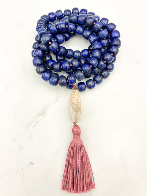 lapis gemstone mala with desert jasper guru bead and rose tassel | radiant malas | handmade in boulder, colorado