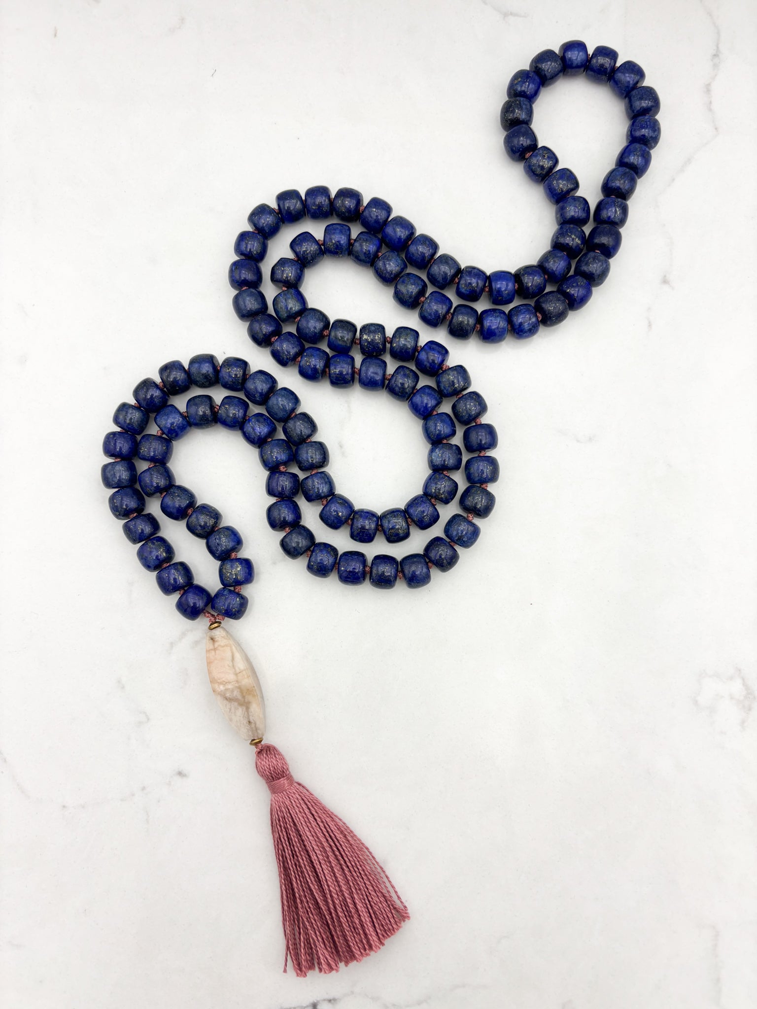 lapis gemstone mala with desert jasper guru bead and rose tassel | radiant malas | handmade in boulder, colorado