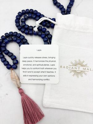 lapis gemstone mala with desert jasper guru bead and rose tassel | radiant malas | handmade in boulder, colorado