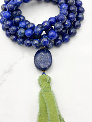 lapis gemstone mala necklace with lapis guru bead and green silk ribbon tassel | radiant malas | handmade in boulder, colorado