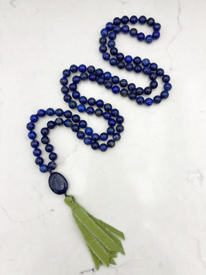 lapis gemstone mala necklace with lapis guru bead and green silk ribbon tassel | radiant malas | handmade in boulder, colorado