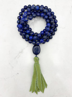 lapis gemstone mala necklace with lapis guru bead and green silk ribbon tassel | radiant malas | handmade in boulder, colorado