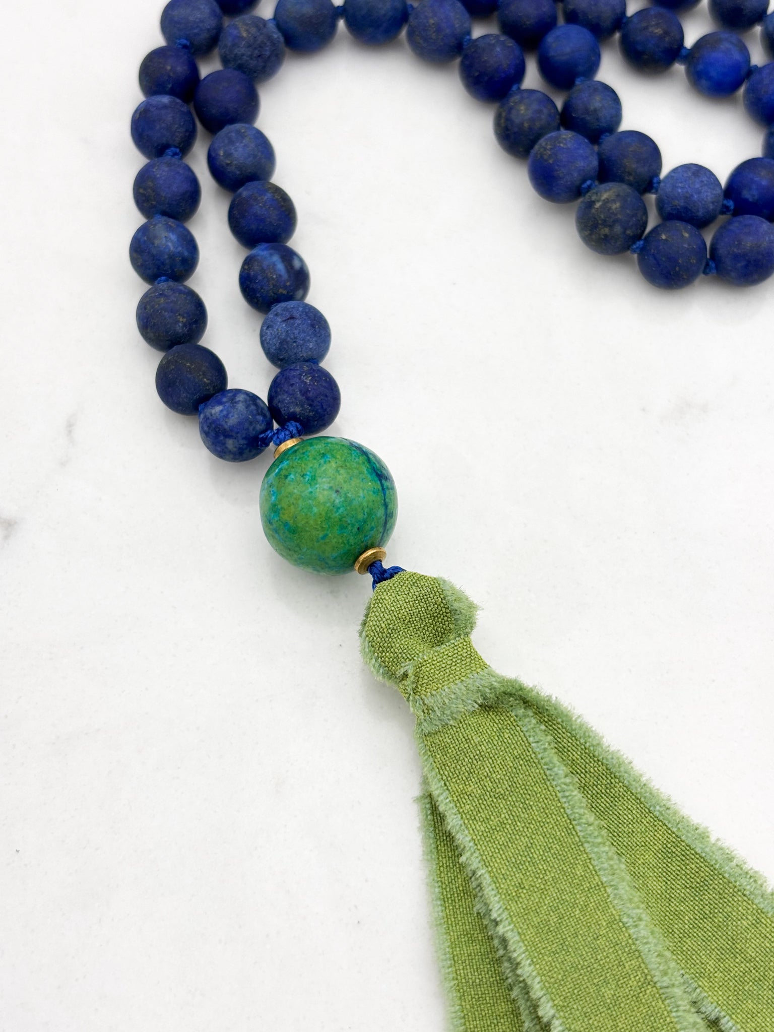 lapis gemstone mala necklace with chrysocolla guru bead and green silk ribbon tassel | radiant malas | handmade in boulder, colorado