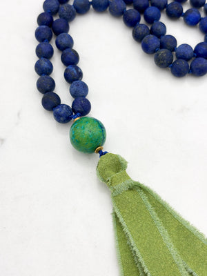 lapis gemstone mala necklace with chrysocolla guru bead and green silk ribbon tassel | radiant malas | handmade in boulder, colorado