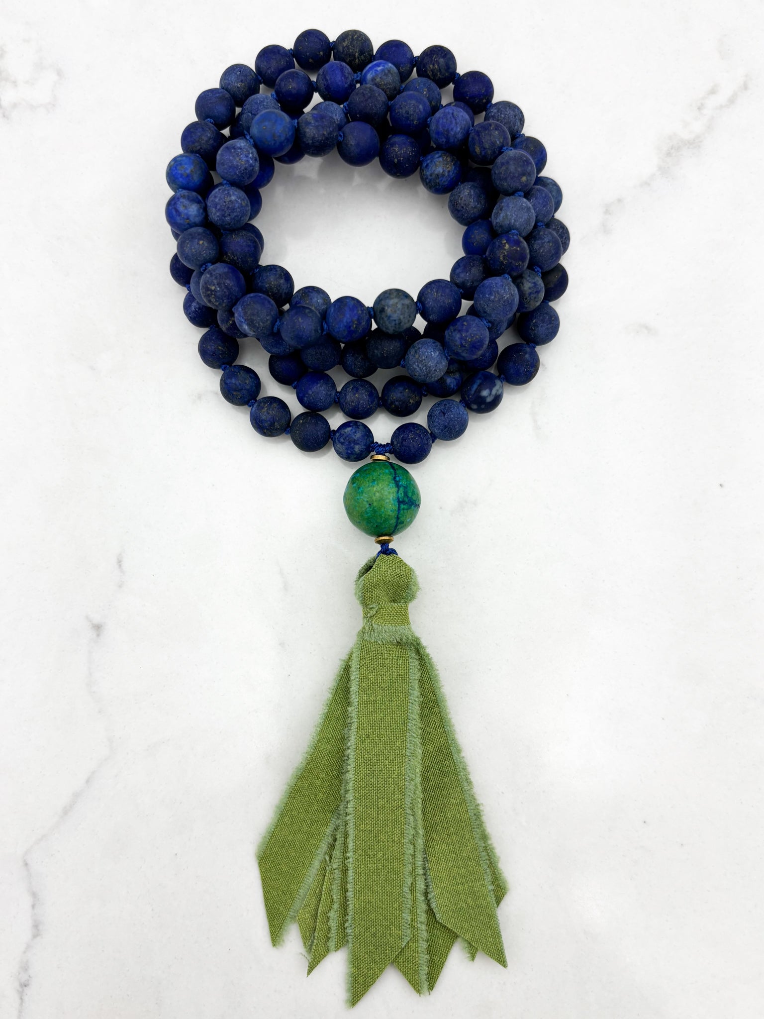 lapis gemstone mala necklace with chrysocolla guru bead and green silk ribbon tassel | radiant malas | handmade in boulder, colorado