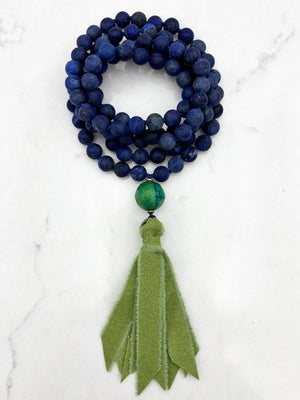 lapis gemstone mala necklace with chrysocolla guru bead and green silk ribbon tassel | radiant malas | handmade in boulder, colorado