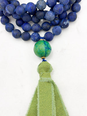 lapis gemstone mala necklace with chrysocolla guru bead and green silk ribbon tassel | radiant malas | handmade in boulder, colorado