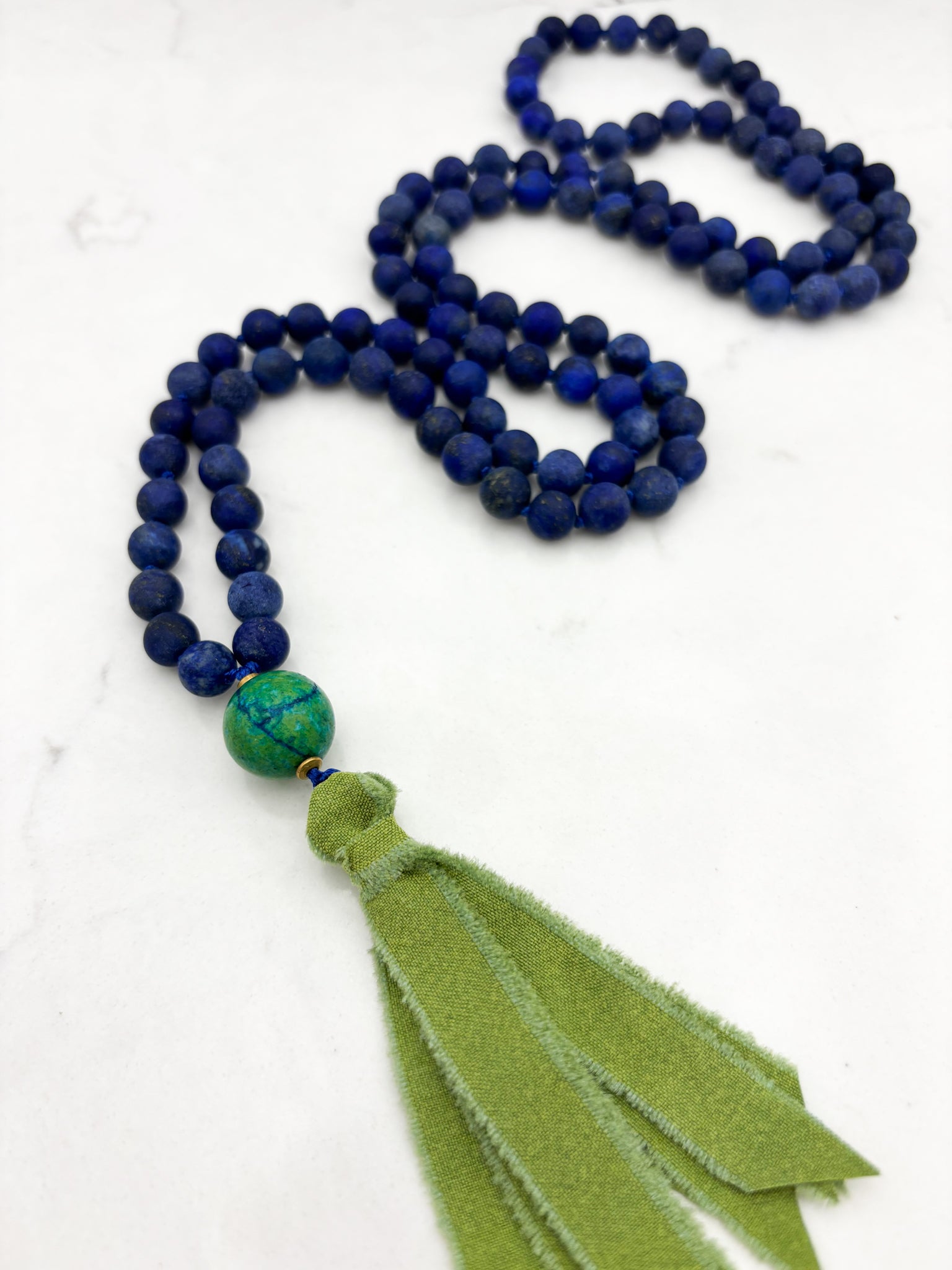 lapis gemstone mala necklace with chrysocolla guru bead and green silk ribbon tassel | radiant malas | handmade in boulder, colorado