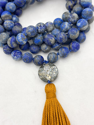 lapis gemstone mala with pyrite guru bead and gold tassel | radiant malas | handmade in boulder, colorado