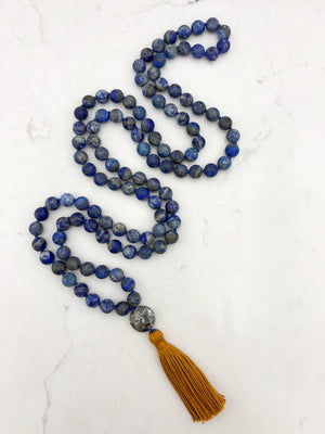 lapis gemstone mala with pyrite guru bead and gold tassel | radiant malas | handmade in boulder, colorado