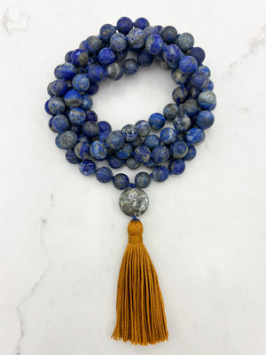 lapis gemstone mala with pyrite guru bead and gold tassel | radiant malas | handmade in boulder, colorado