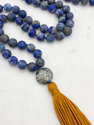 lapis gemstone mala with pyrite guru bead and gold tassel | radiant malas | handmade in boulder, colorado