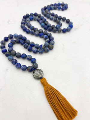 lapis gemstone mala with pyrite guru bead and gold tassel | radiant malas | handmade in boulder, colorado