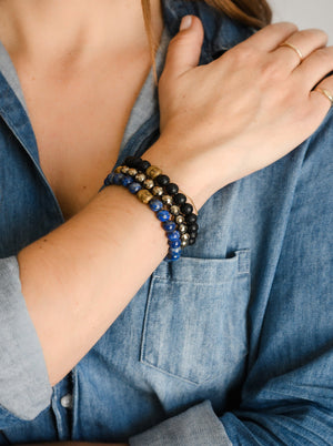 Pyrite gemstone bracelet stacked with Onyx and Lapis gemstone bracelets | radiant malas | handmade in boulder, colorado