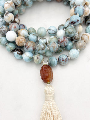 larimar gemstone mala with carnelian guru bead and ecru tassel | radiant malas | handmade in boulder, colorado