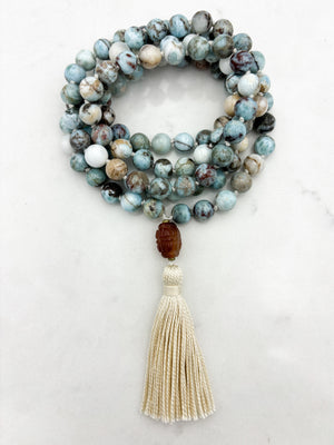 larimar gemstone mala with carnelian guru bead and ecru tassel | radiant malas | handmade in boulder, colorado