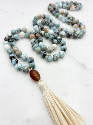larimar gemstone mala with carnelian guru bead and ecru tassel | radiant malas | handmade in boulder, colorado