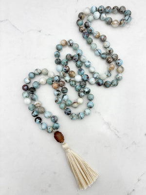 larimar gemstone mala with carnelian guru bead and ecru tassel | radiant malas | handmade in boulder, colorado