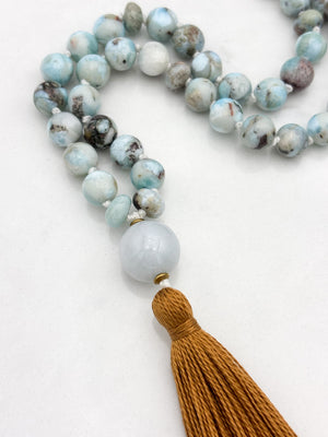 larimar gemstone malas wtih jade guru bead and rust colored tassel | radiant malas | handmade in boulder, colorado